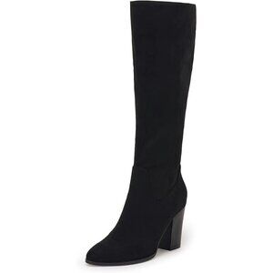 Women Faux Sueder Black  Knee High Chunky Heel Side Zipper Stretch Winter Boot